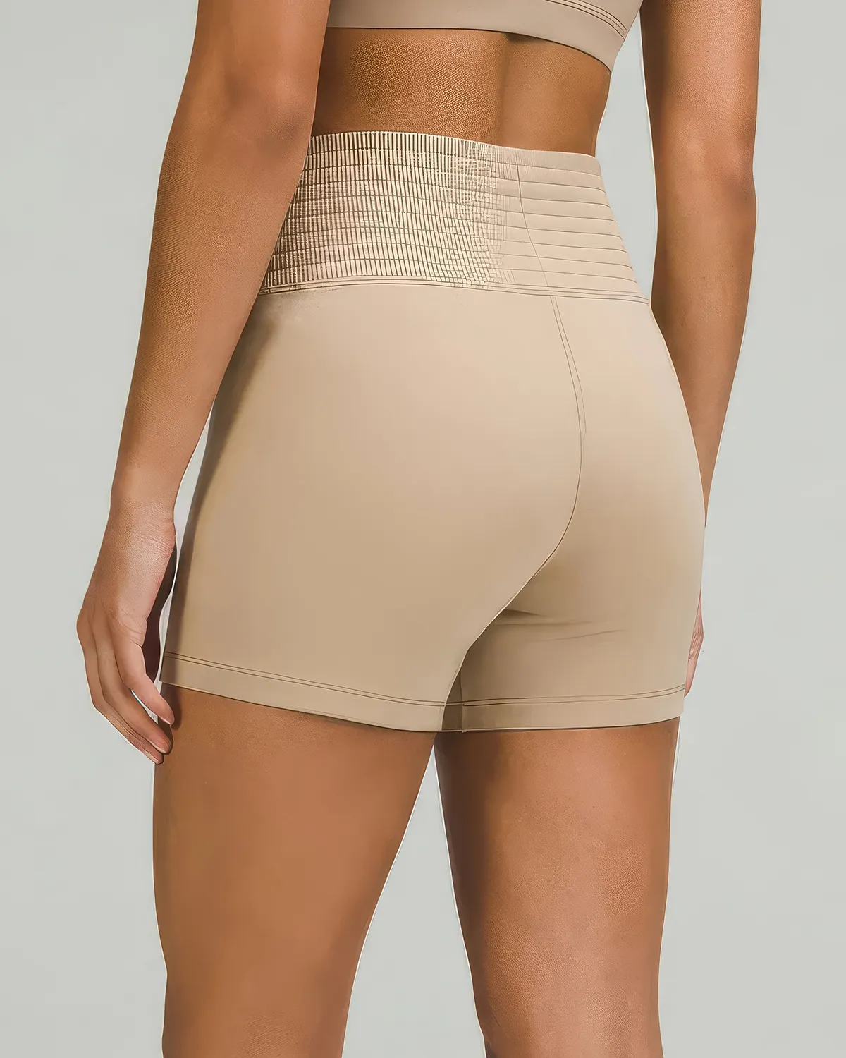 Channel stitch short, three-quarter back view